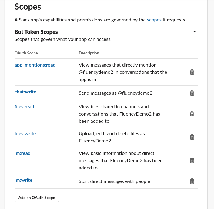 Scopes section with the bot token scopes being added
