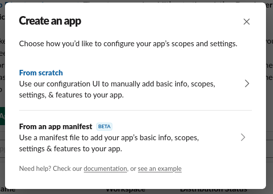 Slack API apps page with Create New App and the From scratch option