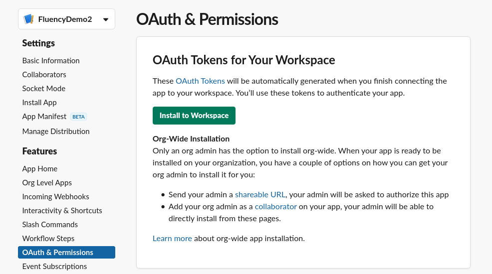 Install to Workspace button at the top of the OAuth page