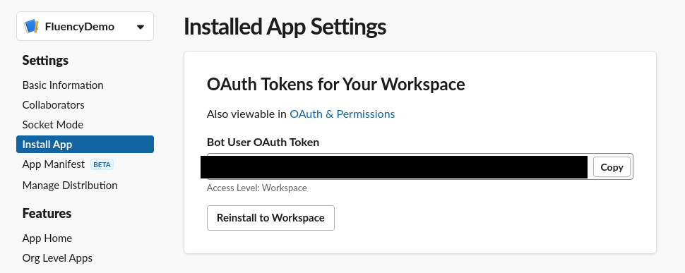 OAuth page showing the Bot User OAuth Token