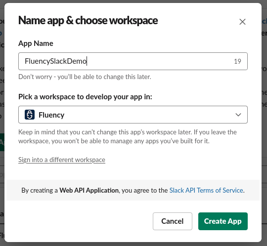 Dialog asking for the app name and the target workspace