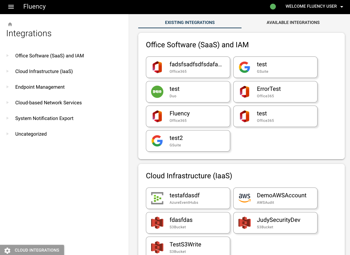 Existing Integrations tab listing the already-configured integrations