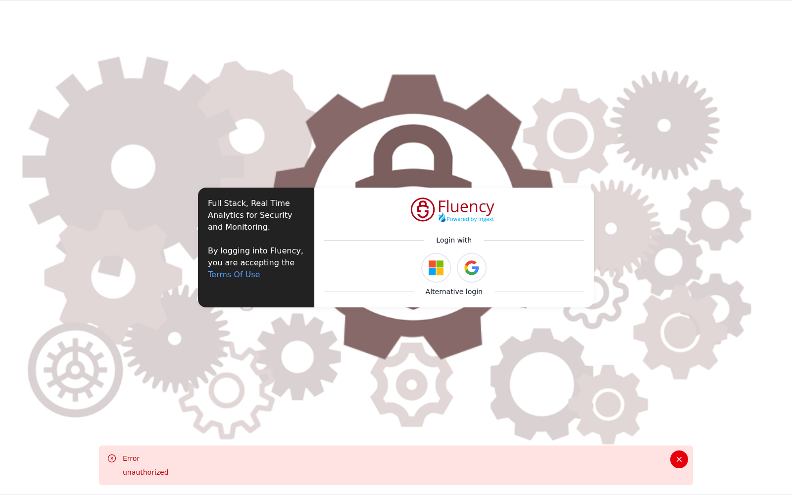 Fluency login page with the Microsoft and Google OAuth buttons