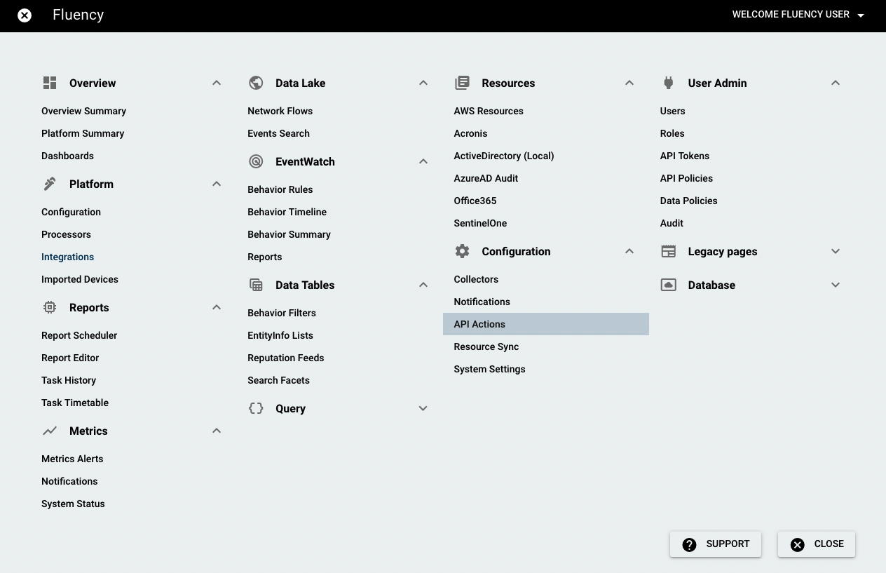 Fluency navigation bar with the EventWatch menu open on the API Actions option