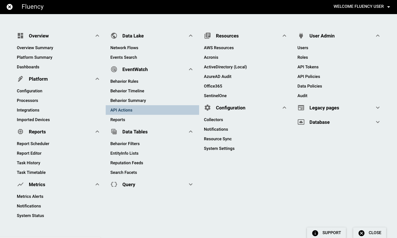 Main Menu with the API Actions option under the EventWatch section