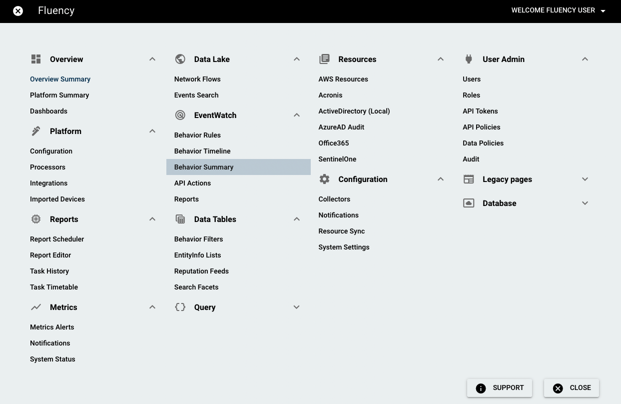 Navigation bar with the SIEM menu open on the Behavior Summary option