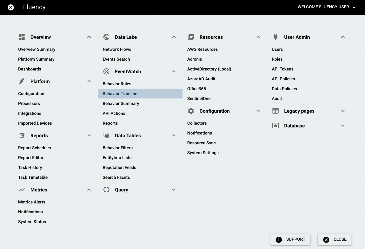 Navigation bar with the SIEM menu open on the Behavior Timeline option