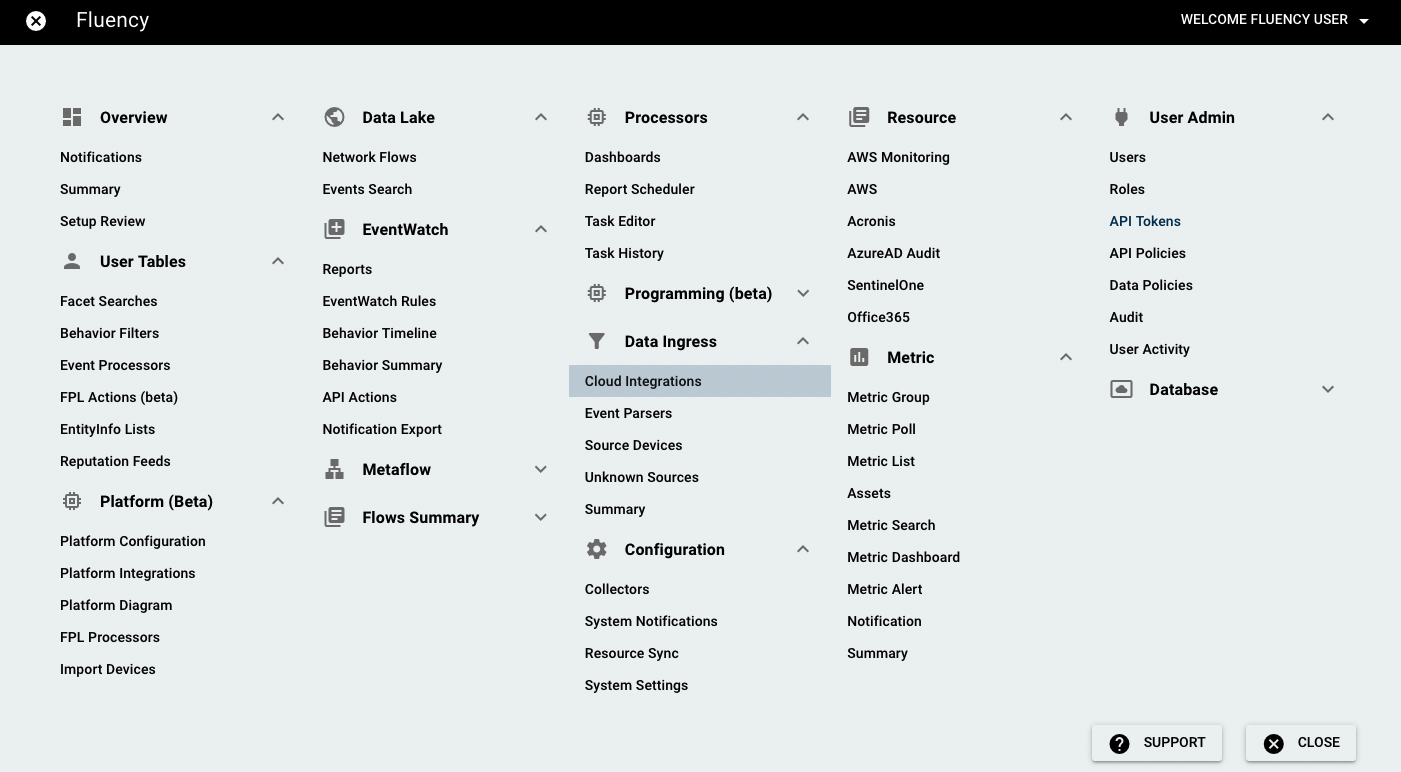 Main Menu with the Cloud Integrations option under the Data Ingress section