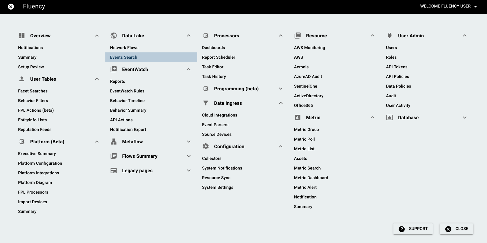 Navigation bar with the Data Lake menu open on the Search option