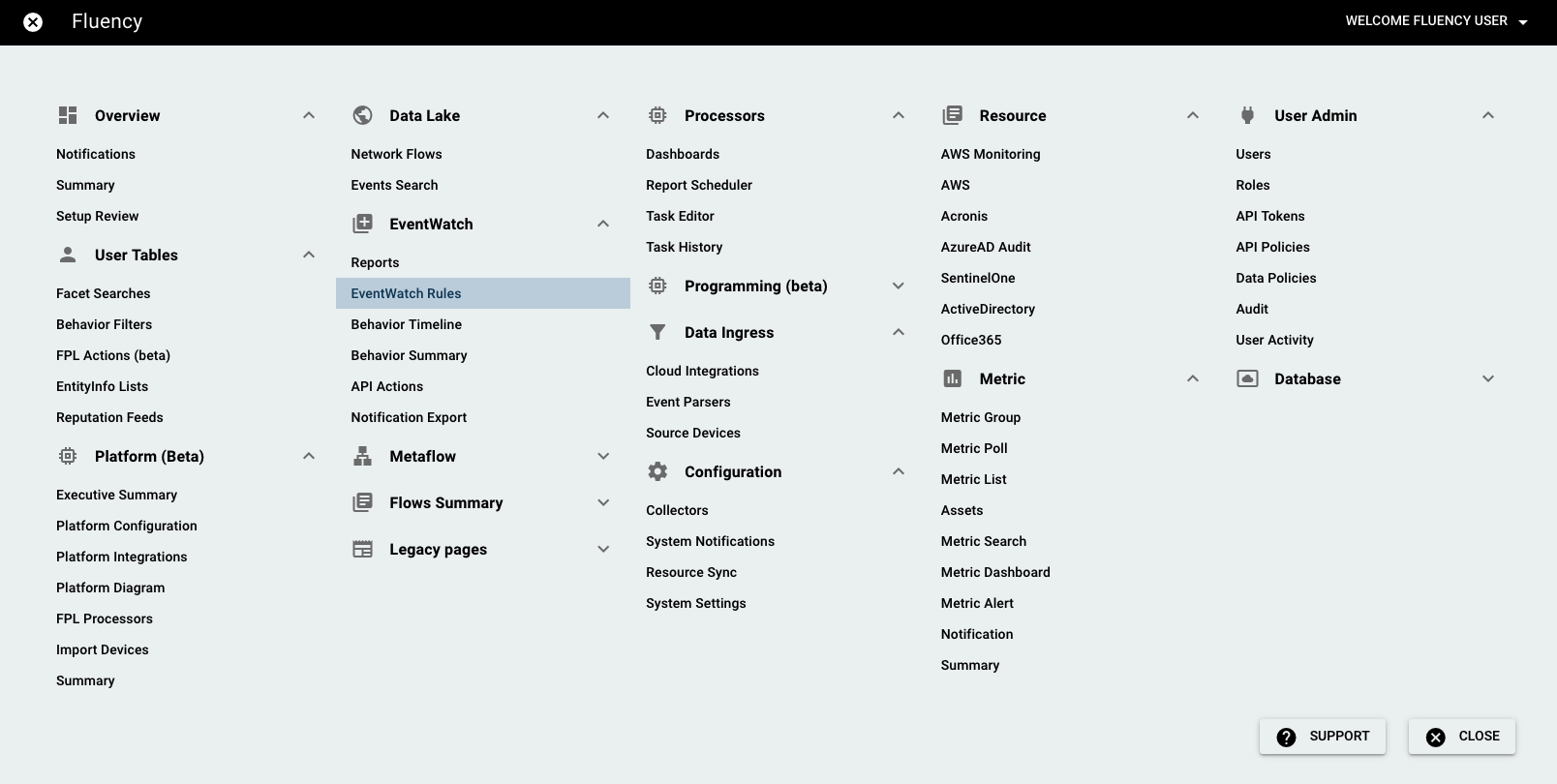Navigation bar with the SIEM menu open on the Behavior Rules option
