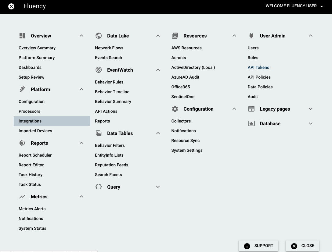 Navigation bar with the Platform menu open on the Integrations option