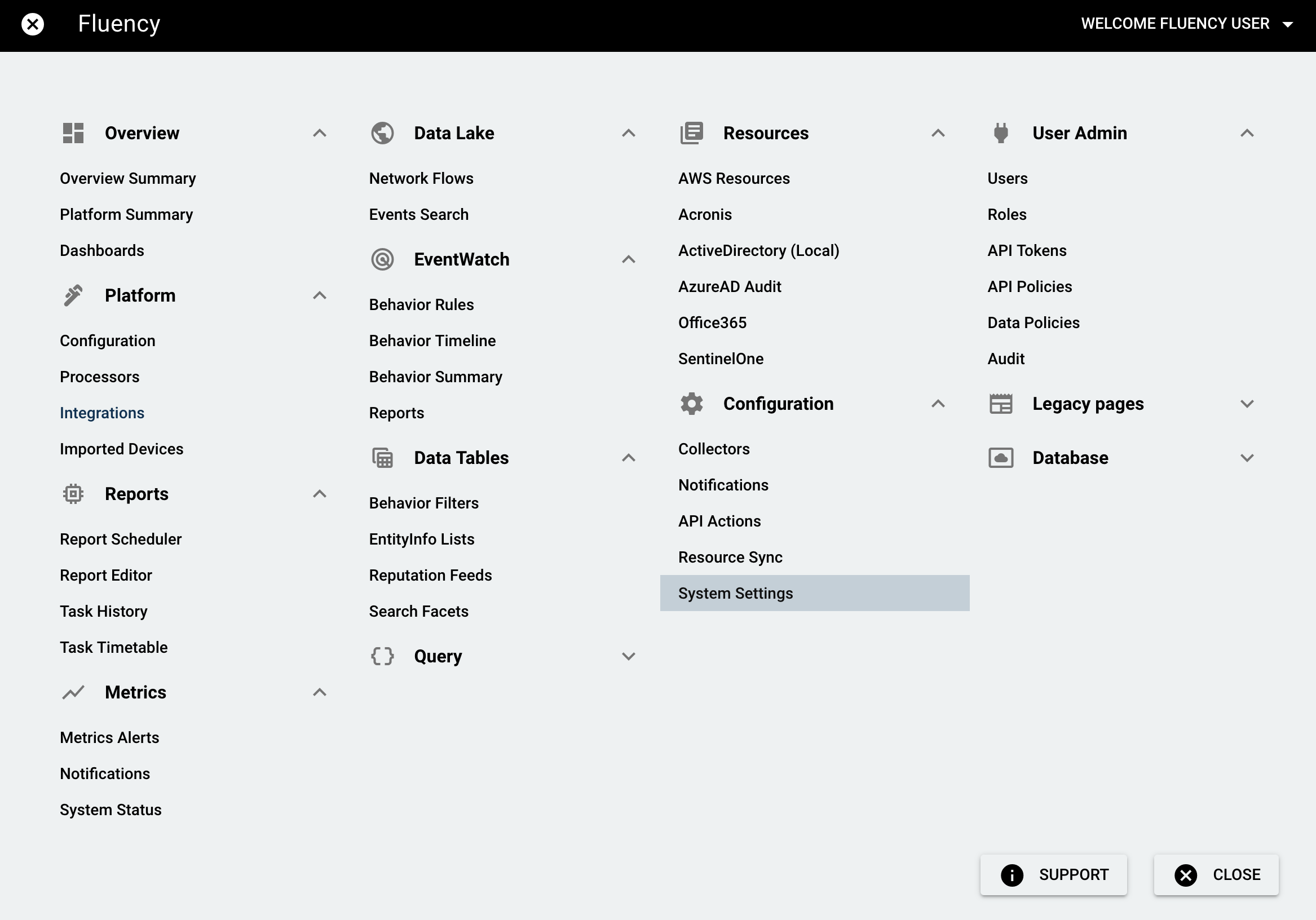 Navigation dropdown with System Settings under the Configuration section