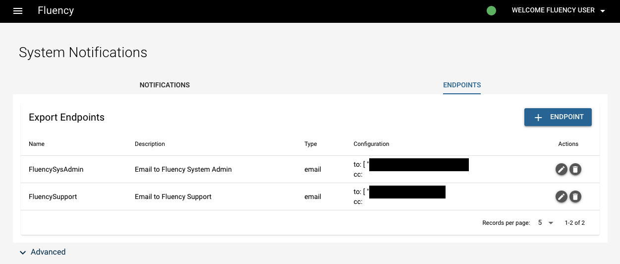 Endpoints tab of the older notification page, with a per-row pencil edit button