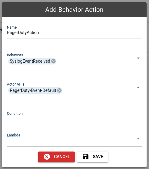 New action form with a name, the selected behaviors, the PagerDuty API and a trigger condition