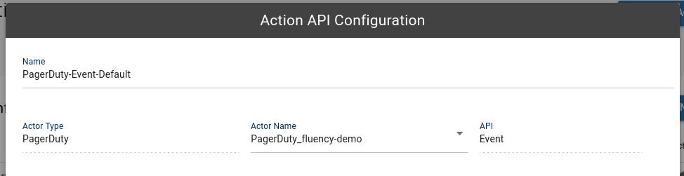 API config form with a default name and the PagerDuty actor chosen for Actor Name