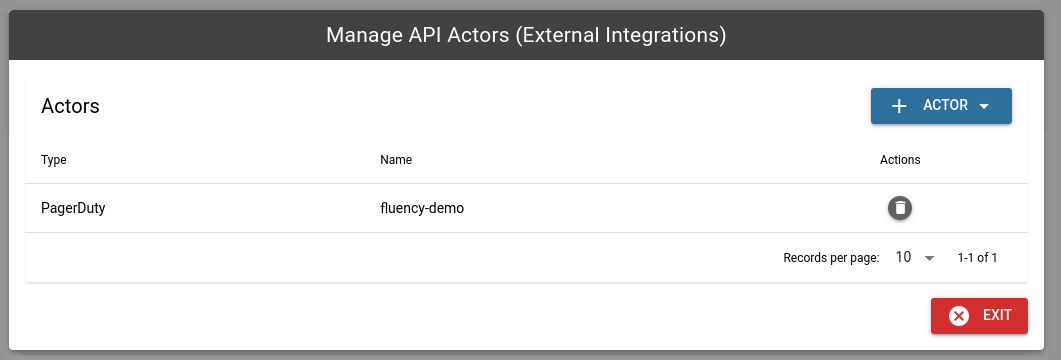 Actor manager listing the newly added PagerDuty actor named test