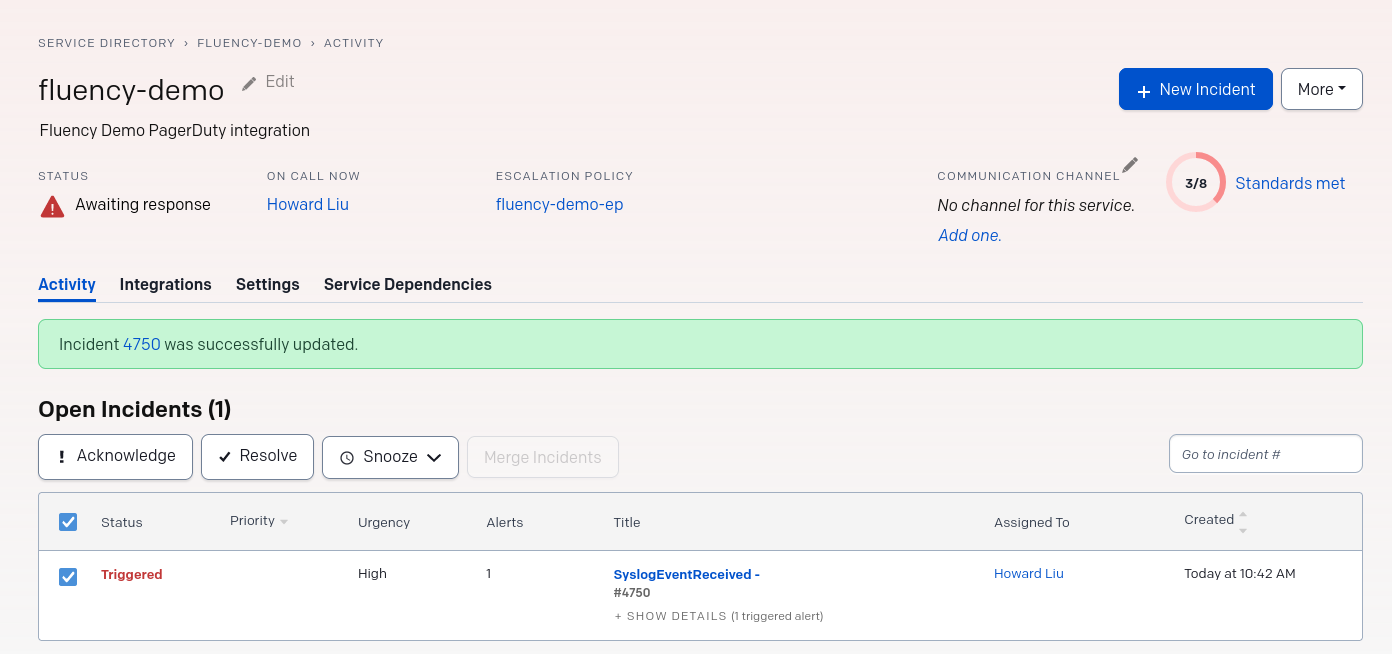 Corresponding incident raised in PagerDuty for the same event
