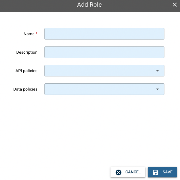 Older Add role form with the name, description, API policies and data policies fields