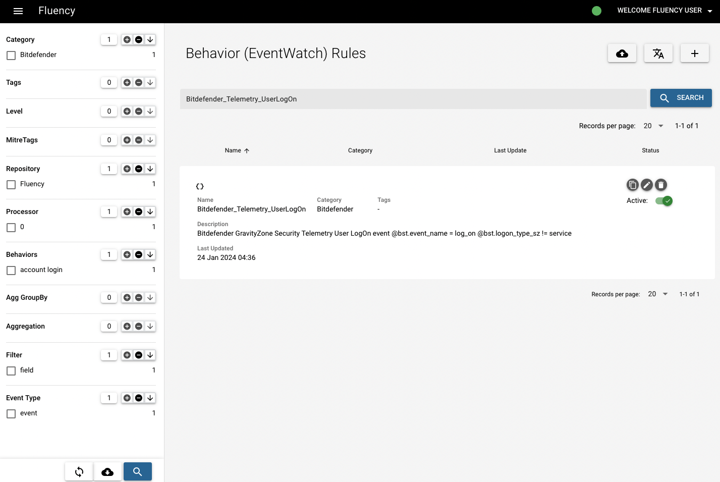 Behavior Rules page filtered to the Bitdefender_Telemetry_UserLogOn rule