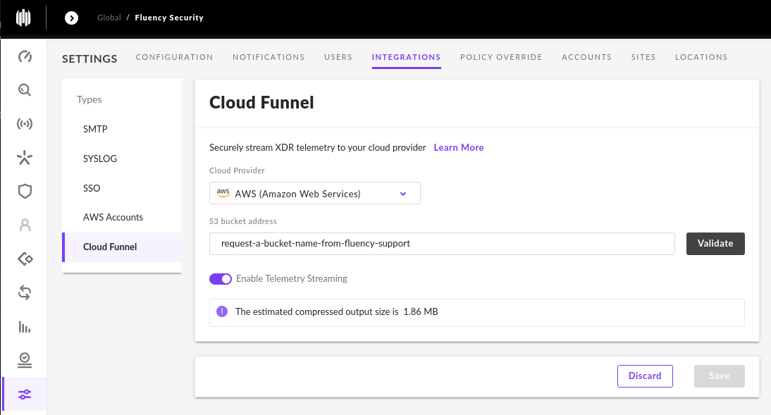 Cloud Funnel section of the SentinelOne Integrations tab, showing the bucket configuration