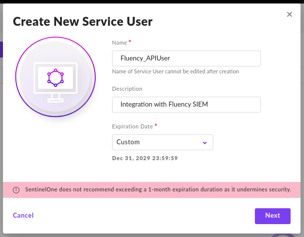 Create service user form with the name and expiration fields