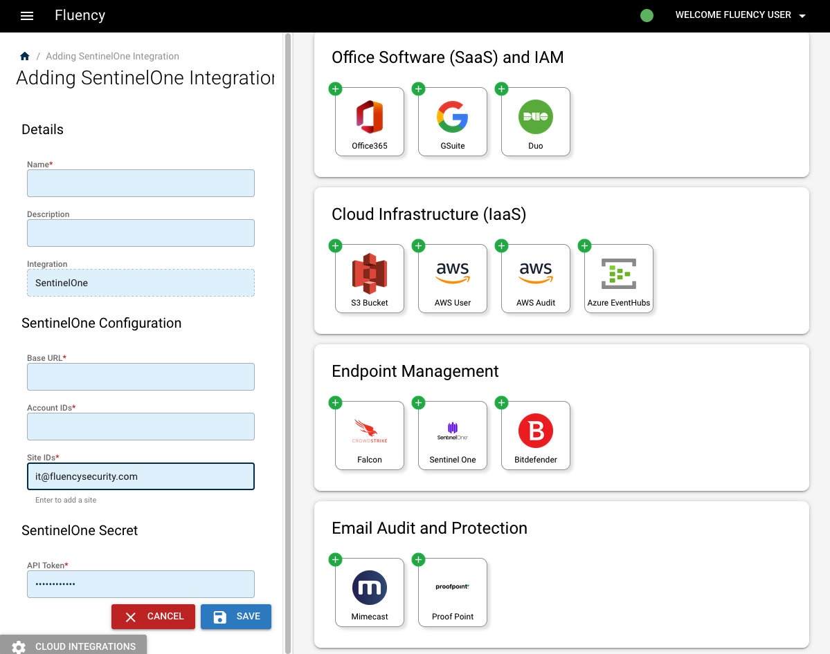 New SentinelOne integration panel with the console URL and API token fields