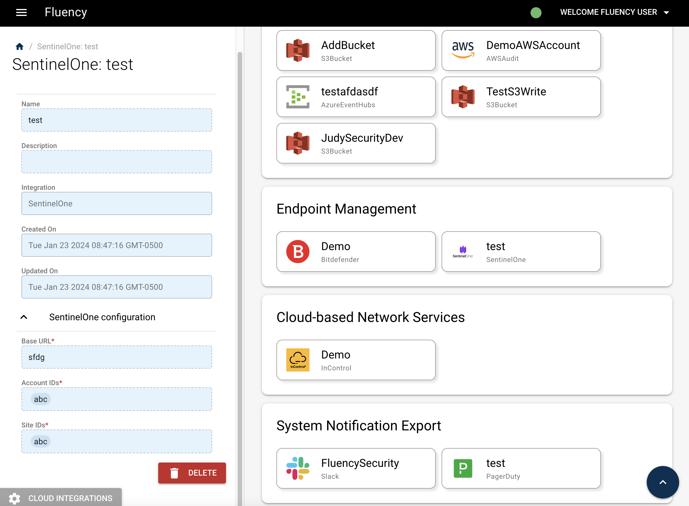 SentinelOne integration detail panel, where the API token is replaced