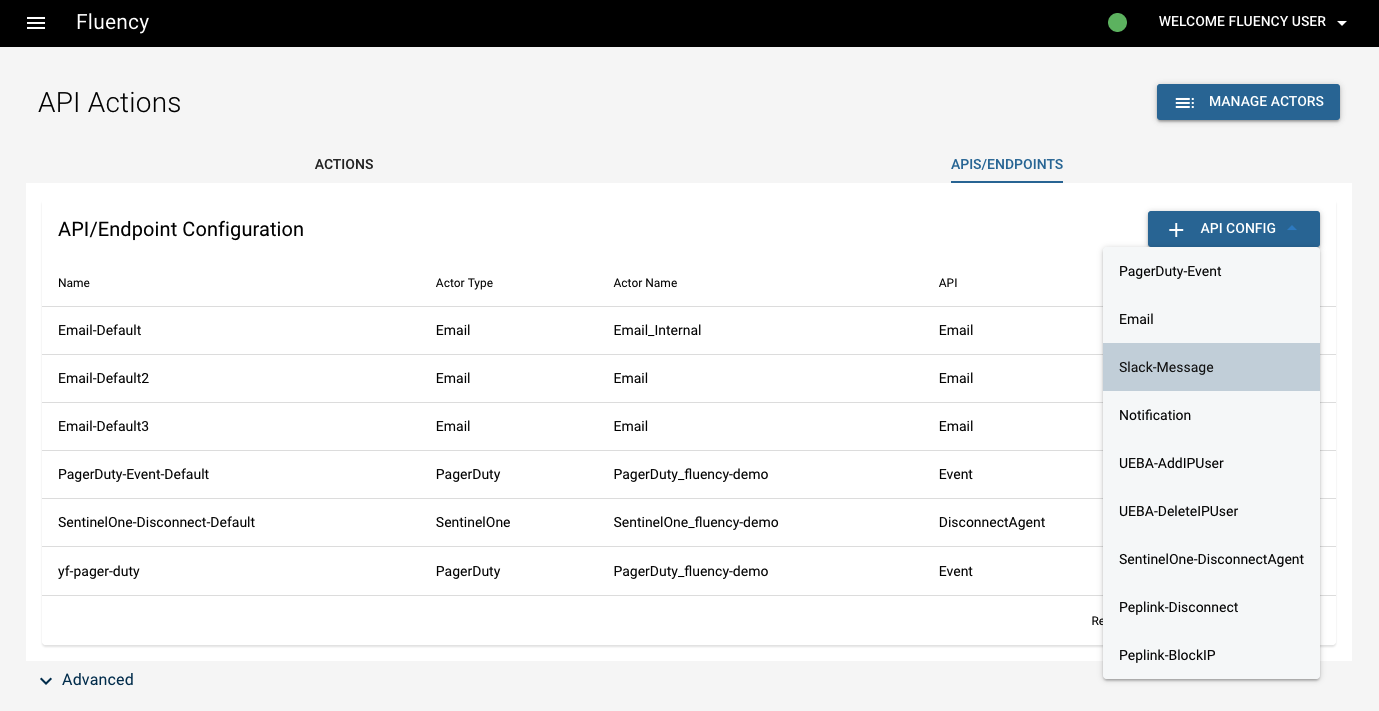 APIS/ENDPOINT tab of the API Actions page with the + API CONFIG button