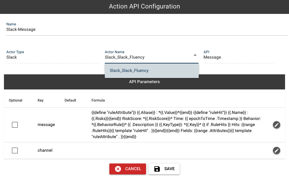 API config form with the Slack-Message type and the Slack_Fluency actor selected