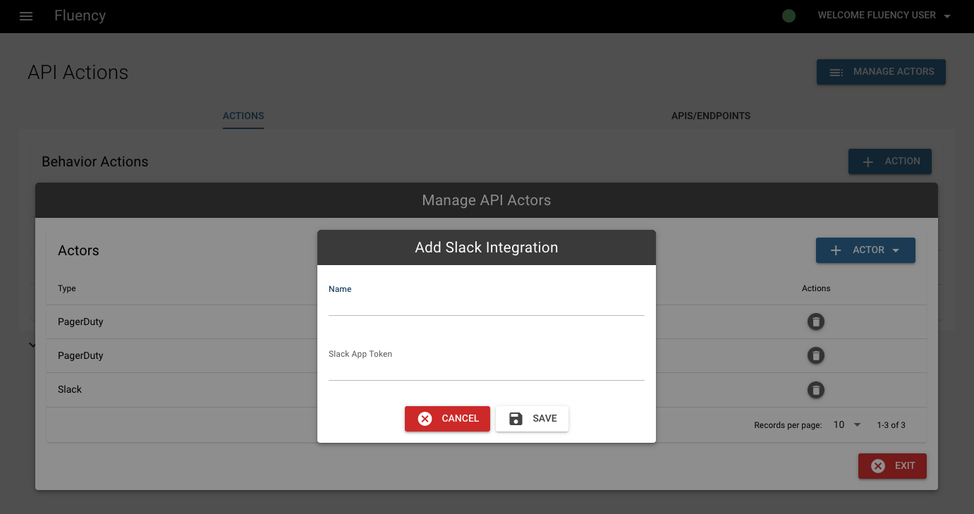 Manage Actors dialog on the API Actions page, with a Slack actor named and its app token entered