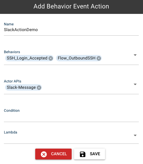 ACTIONS tab with a new action selecting the behaviors to export and the Slack API to send them through