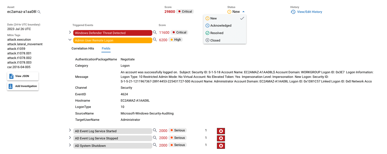 Status drop-down open on an alert, offering the available status values