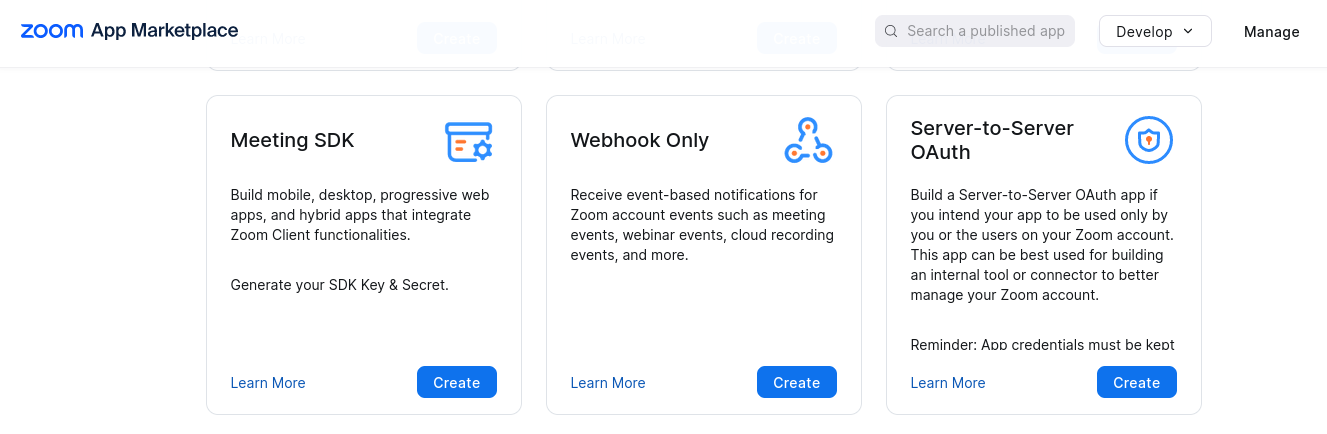 Zoom App Marketplace build page with the Create button in the Server-to-Server OAuth section