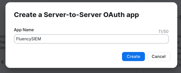 Dialog asking for the app name before creating the Server-to-Server OAuth app