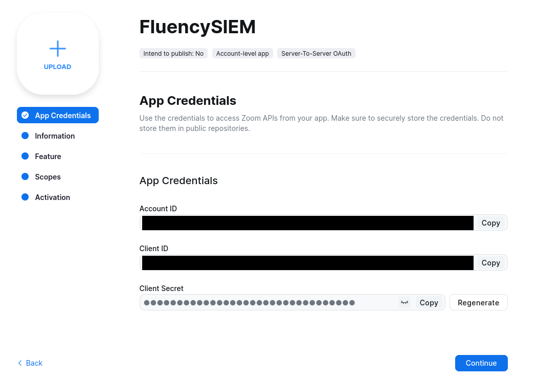App credentials tab showing the Account ID, Client ID and Client Secret