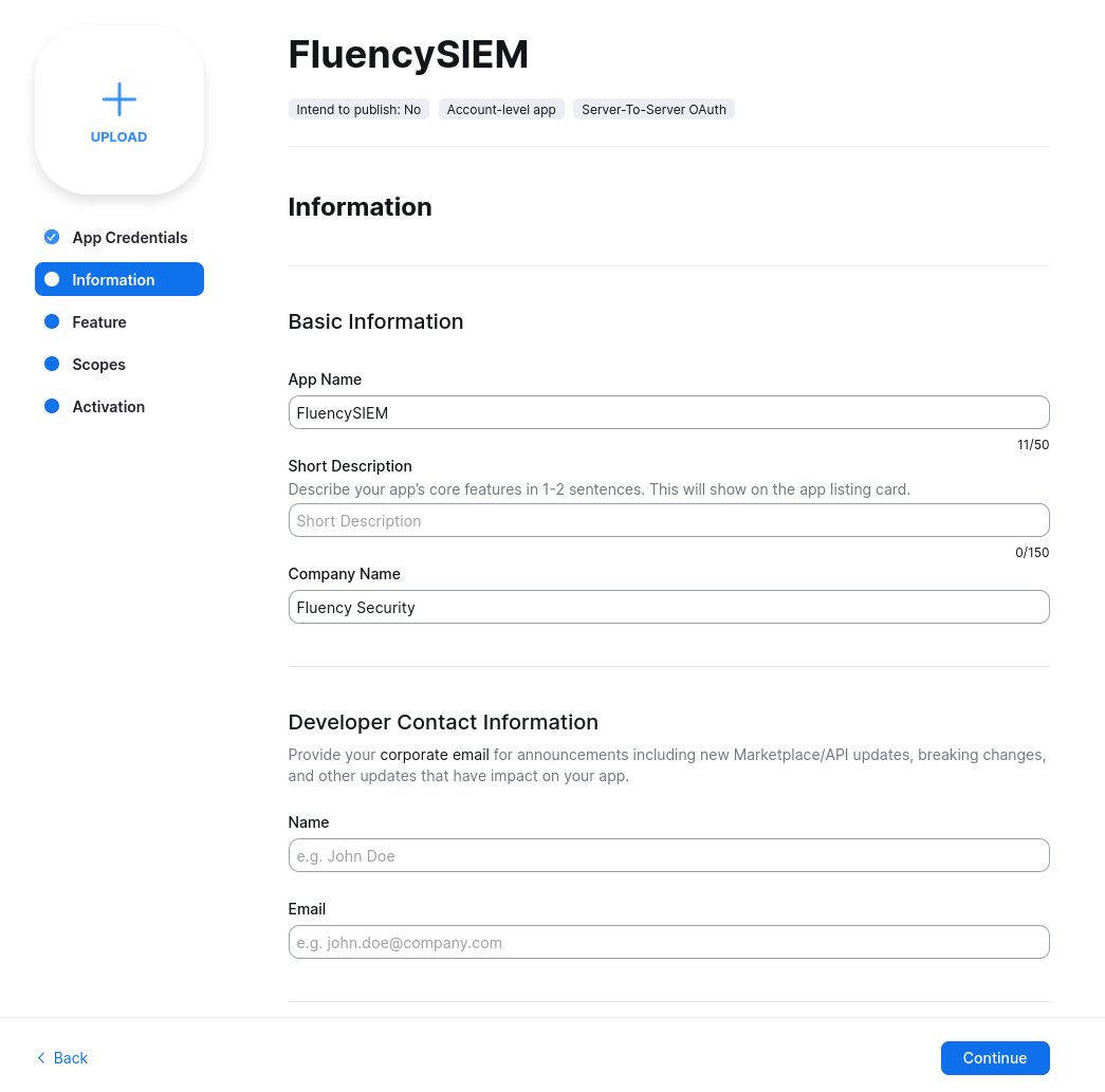 Information tab with the Company Name, Developer Name and Email fields filled in