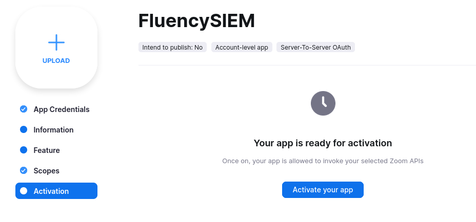 Activation tab with the app activated