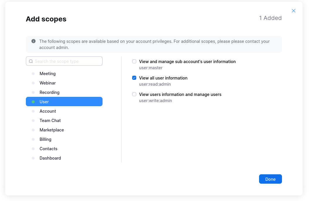 Scope picker with the available permission scopes listed