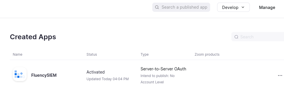 Zoom App Marketplace Manage view listing the created apps