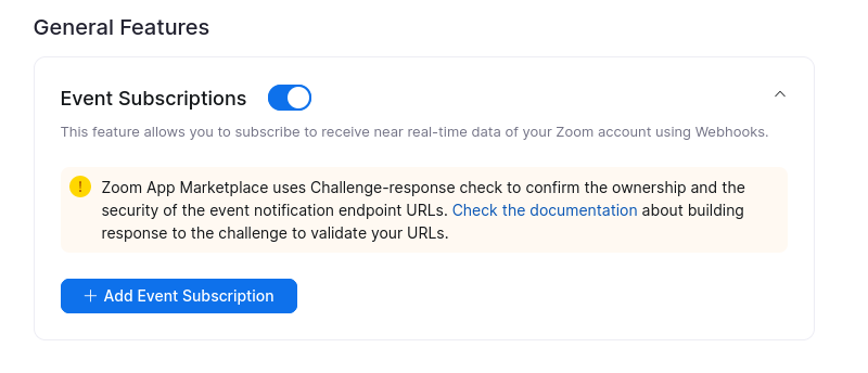 Event Subscriptions toggled on, with the + Add Event Subscription button
