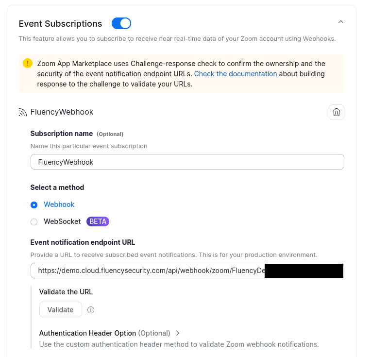Event subscription form with the subscription name and the Fluency webhook URL as the notification endpoint