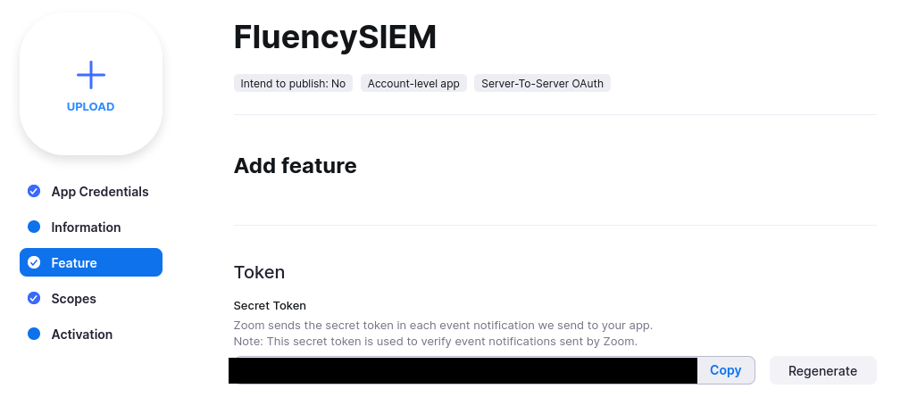 Feature tab showing the app's Secret Token