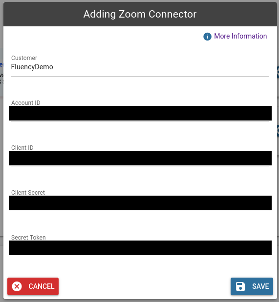 New Zoom integration panel with the credential fields to complete