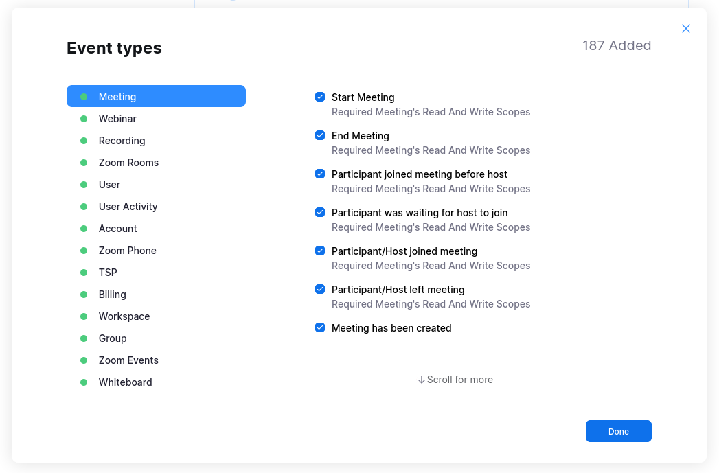 Event type picker with the Meeting, User and User Activity categories