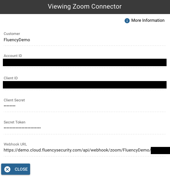 Zoom integration detail showing the generated Webhook URL row